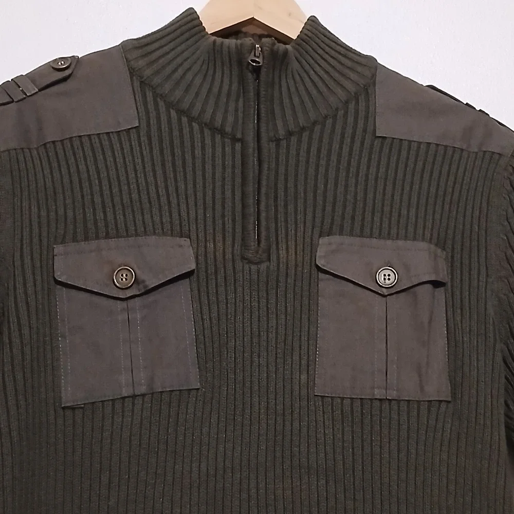 American Rag Mens Olive Green Military Quarter Zip Ribbed Cotton Sweater‎ Large